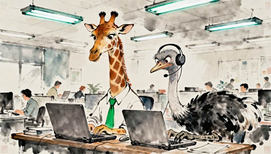 A cartoon of a giraffe and a bird in an office

AI-generated content may be incorrect.