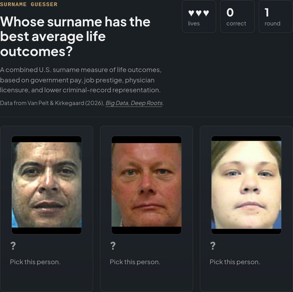 Preview of Surname Guesser, the three-choice game using the surname dataset. Preview of Surname Guesser, the three-choice game using the surname dataset.
