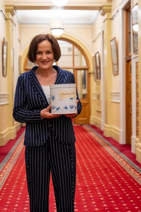 Suze Redmayne and the tin of Members' Bills.
