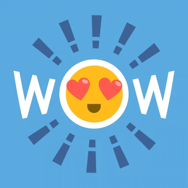 An emoji with heart eyes forms the o in the word wow. Exclamation points rotate around it. An emoji with heart eyes forms the o in the word wow. Exclamation points rotate around it.