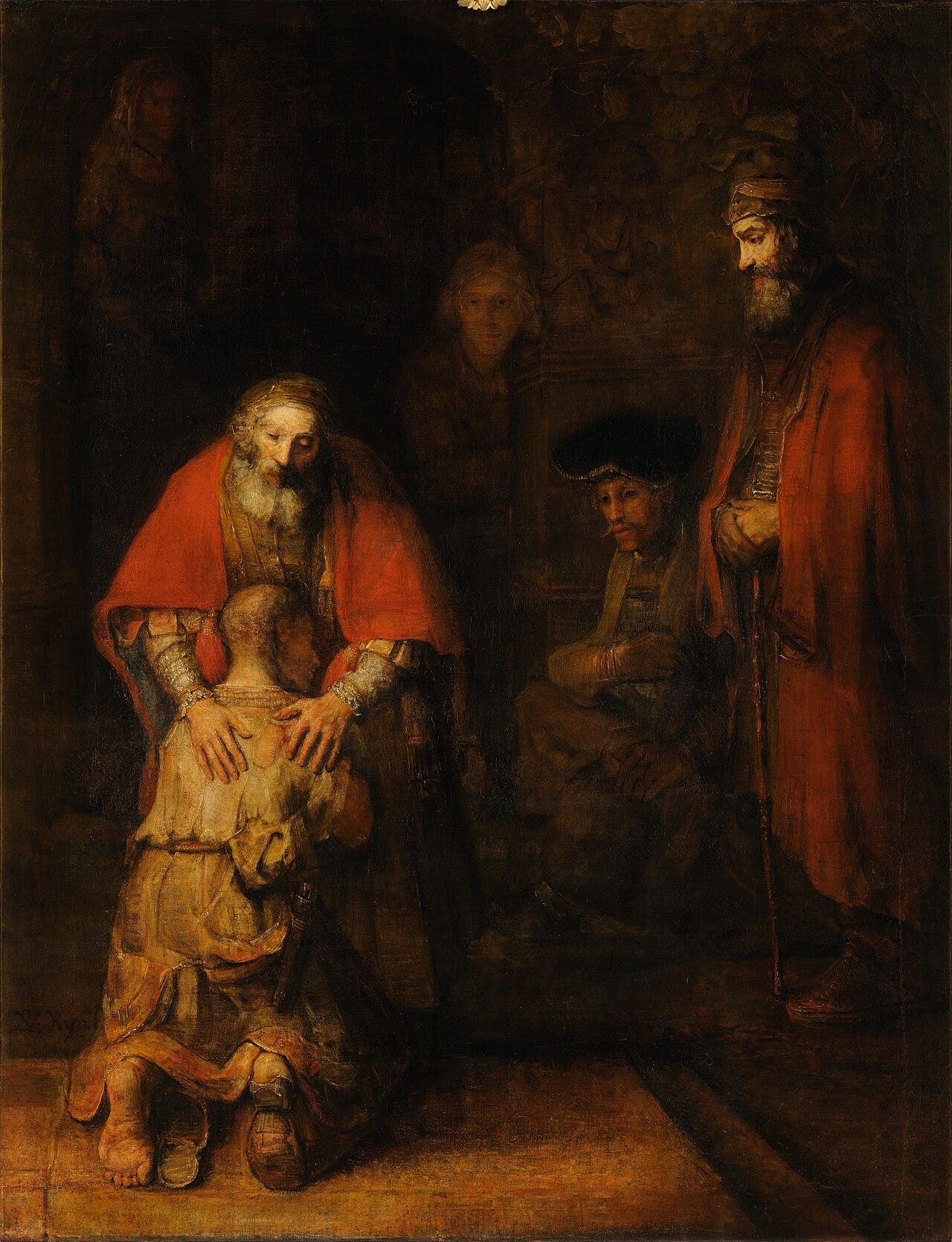 Rembrandt's Return of the Prodigal Son, a father embracing his kneeling son Rembrandt's Return of the Prodigal Son, a father embracing his kneeling son
