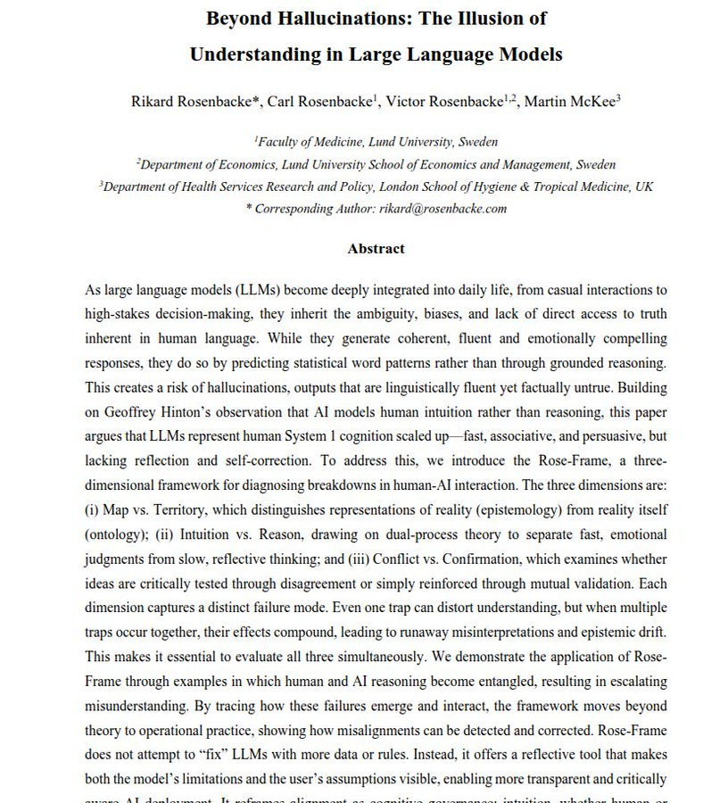 Black and white text document featuring the title Beyond Hallucinations: The Illusion of Understanding in Large Language Models by authors Rikard Roenberg, Carl Tollander, Victor Roenberg, Martin McKee from Faculty of Medicine at Lund University Sweden and Department of Health Services Research and Policy at London School of Hygiene and Tropical Medicine UK with corresponding author rikardroenberg.com followed by an abstract paragraph discussing integration of large language models into daily life risks of hallucinations from statistical patterns proposing Rose-Frame multidimensional framework for diagnosing human-AI interaction breakdowns testing through experiments and real-world analysis capturing failure modes like Map Territory Intuition Reason Confirmation Conflict with implications for AI governance.