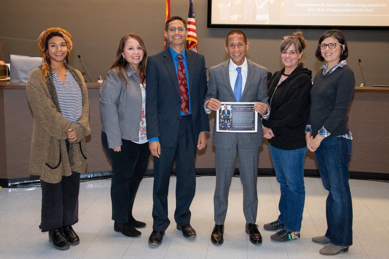 TUSD Superintendent Dr. Gabriel Trujillo is presented with the AZALAS Superintendent of the Year award at the November 15, 2022 Governing Board meeting. TUSD Superintendent Dr. Gabriel Trujillo is presented with the AZALAS Superintendent of the Year award at the November 15, 2022 Governing Board meeting.