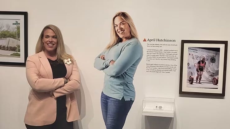 Powerlifter April Hutchinson is shown next to her story at the Resilient London exhibit in the southwestern Ontario city. (Submitted/April Hutchinson)