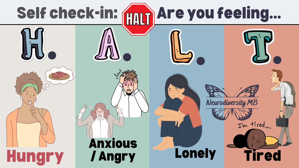 H.A.L.T. Check in with yourself. Are youfeeling Hungry, Anxious, Lonely, Tired?
