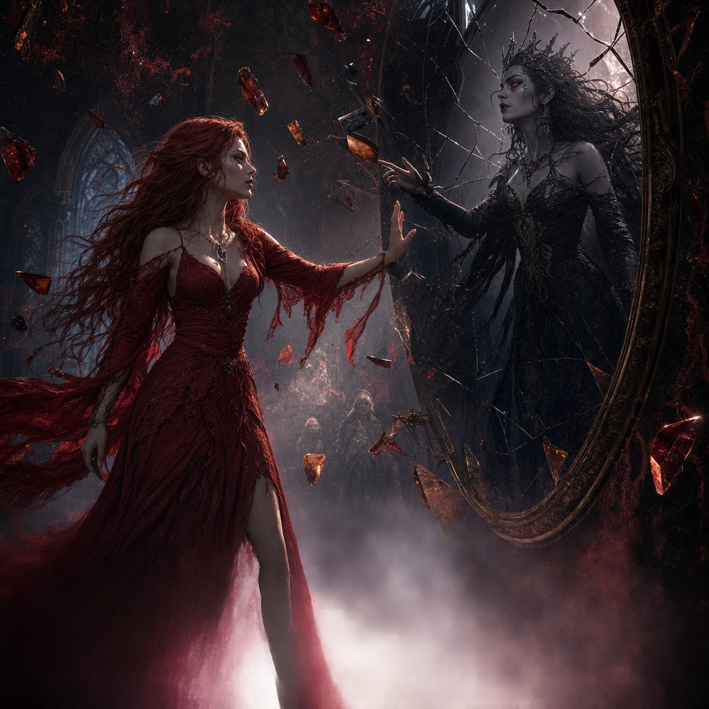 Ireena standing in the Amber Temple’s fractured mirror hall, surrounded by floating amber shards and crimson mist. Mortal Ireena: red hair, luminous skin, storm‑gray eyes, torn crimson gown, standing firm with a raised hand of refusal. Before her, the Vampire Queen version: regal, pale as marble, crimson‑glowing eyes, black silk gown trailing ash, crowned in shadow, reaching out from a cracked mirror. Light spills like blood and dawn as the reflection shatters and Ireena chooses her mortal self. Fully original faces.