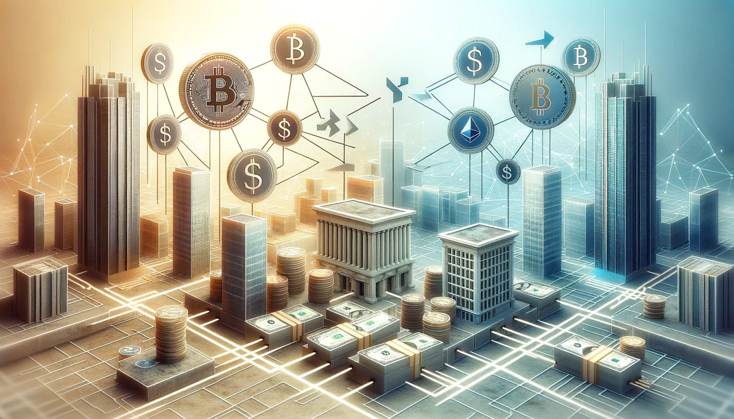 Create a photo-realistic depiction of a light-colored marketplace scene, emphasizing the dynamic interchange between the traditional and digital economies. On one side, there should be tokens and dollars, symbolizing the conventional monetary system. On the other side, represent buildings as listings on the blockchain, indicative of digital real estate. Include arrows that visually connect these two sides, illustrating the flow of trade from tokens and dollars towards the blockchain buildings. This realistic portrayal should make the concept of digital trading and blockchain real estate investments comprehensible and visually compelling, with a focus on the seamless integration of digital transactions into the physical world.