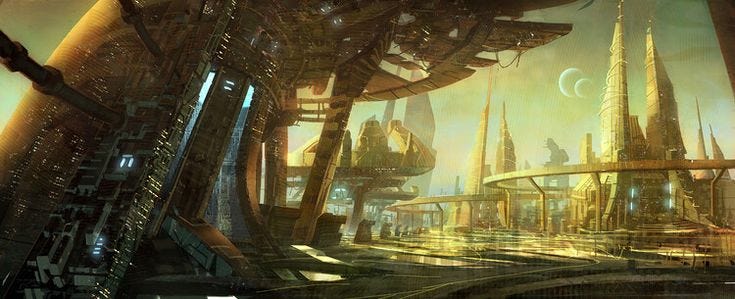 This may contain: a futuristic city is shown in this image