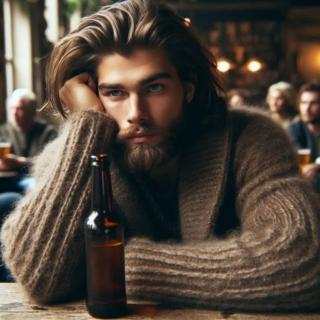 A twenty-something man with long, dark blond hair and a beard wearing a thick brown sweater is sitting in a crowded bar at a table with a half-finished bottle of beer in front of him. He looks tired and mildly traumatized. He's of Scandinavian descent, but he's very average looking although he's reasonably fit. Slight impressionist style.