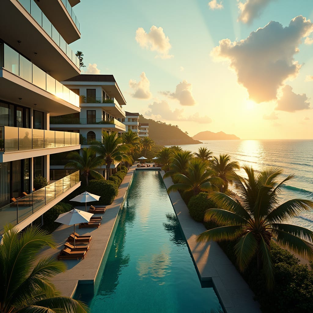 Luxurious condos in Jamaica, with warm tropical sunlight casting a golden glow on the modern architecture, set against a breathtaking backdrop of turquoise ocean and lush green palm trees