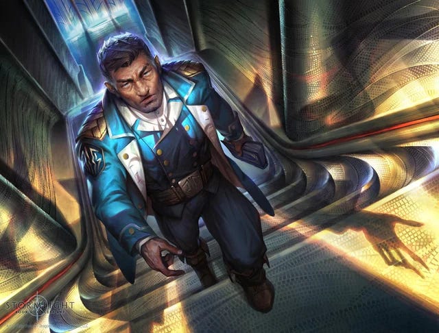 Dalinar ascends a tall staircase with a look of determination. He is armed only with a book, and is surrounded by cruel shadows.