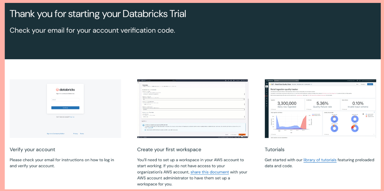 Databricks onboards free trial users through a set of clear instructions with images, delivered right to the prospect's email.