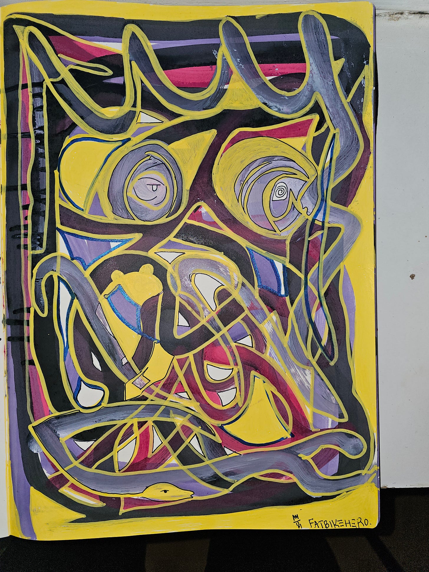 ​"Contemporary abstract painting by Fatbikehero titled 'Peter Thiel Portrait of A.I. Cyborg' (2026). The artwork features a high-contrast yellow background with thick, chaotic black and purple brushstrokes forming a deconstructed, bio-mechanical face. Asymmetrical eyes—one spiraling and one mechanical—represent the intersection of Transhumanism, Artificial General Intelligence (AGI), and Silicon Valley power dynamics. The style merges expressionism with cybernetic imagery."