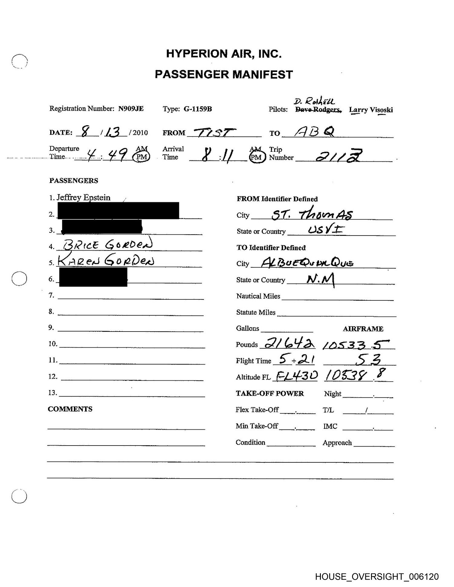 Passenger list from the August 13, 2010 manifest, with three names blacked out Passenger list from the August 13, 2010 manifest, with three names blacked out