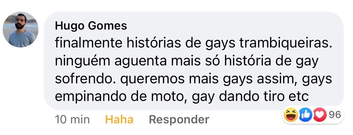Post no facebook com a seguinte frase: finalmente histórias de gays trambiqueiras. ninguém aguenta mais só história de gay sofrendo. queremos mais gays assim, gays empinando de moto, gay dando tiro etc Post no facebook com a seguinte frase: finalmente histórias de gays trambiqueiras. ninguém aguenta mais só história de gay sofrendo. queremos mais gays assim, gays empinando de moto, gay dando tiro etc