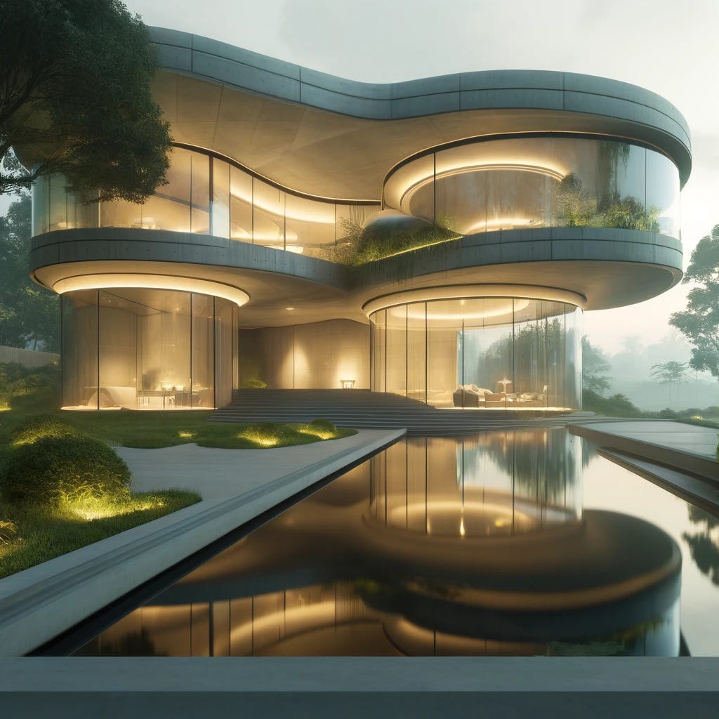 This futuristic house floor plan features a seamless blend of curved, organic architecture with modern luxury. The multi-level layout includes spacious open living areas, large glass walls for natural light, and a strong connection to nature. A central atrium, flowing staircases, and landscaped gardens enhance the fluid design, while an infinity pool adds to the luxurious outdoor experience. The house incorporates stylish bedrooms, cozy lounges, and sustainable elements like green roofs and natural materials, creating a harmonious balance between elegance and eco-conscious living.