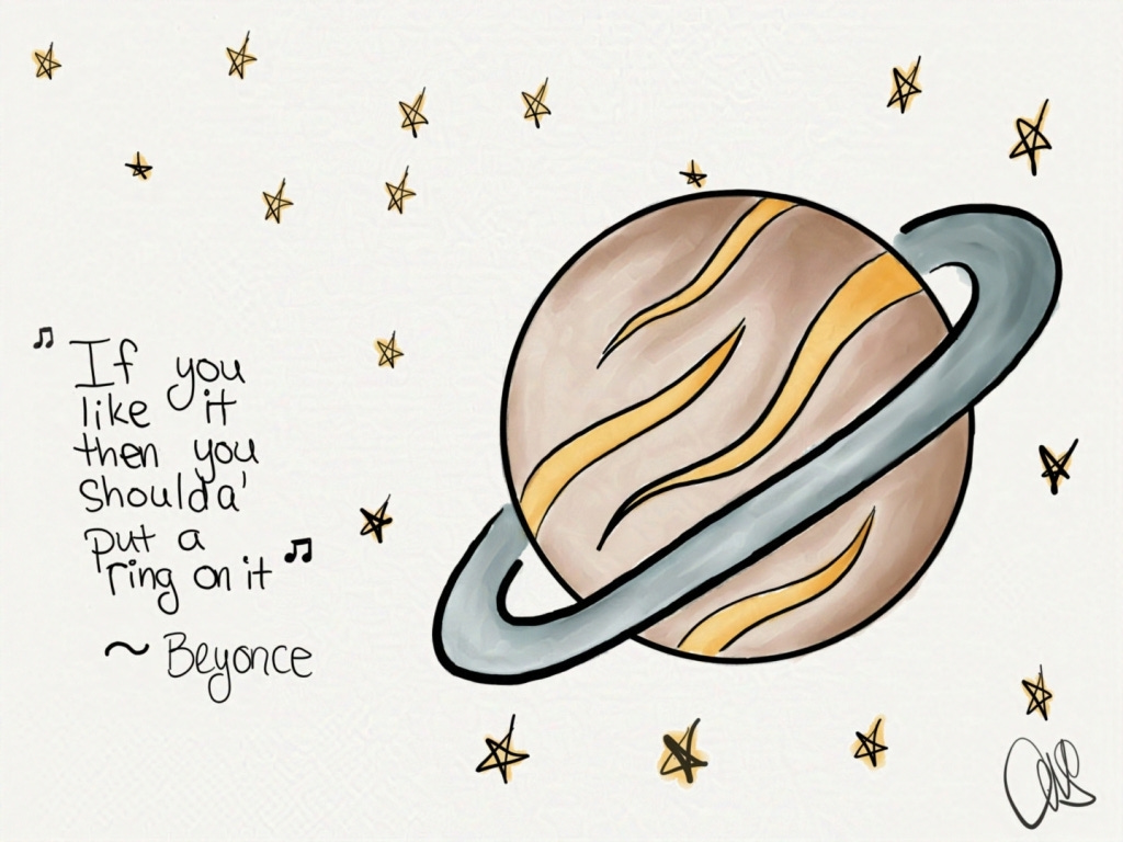 Saturn with it's rings in floating in space. it is surrounded by stars. Quote to the left of the planet says "If you like it then you shoulda' put a ring on it" ~ Beyonce.