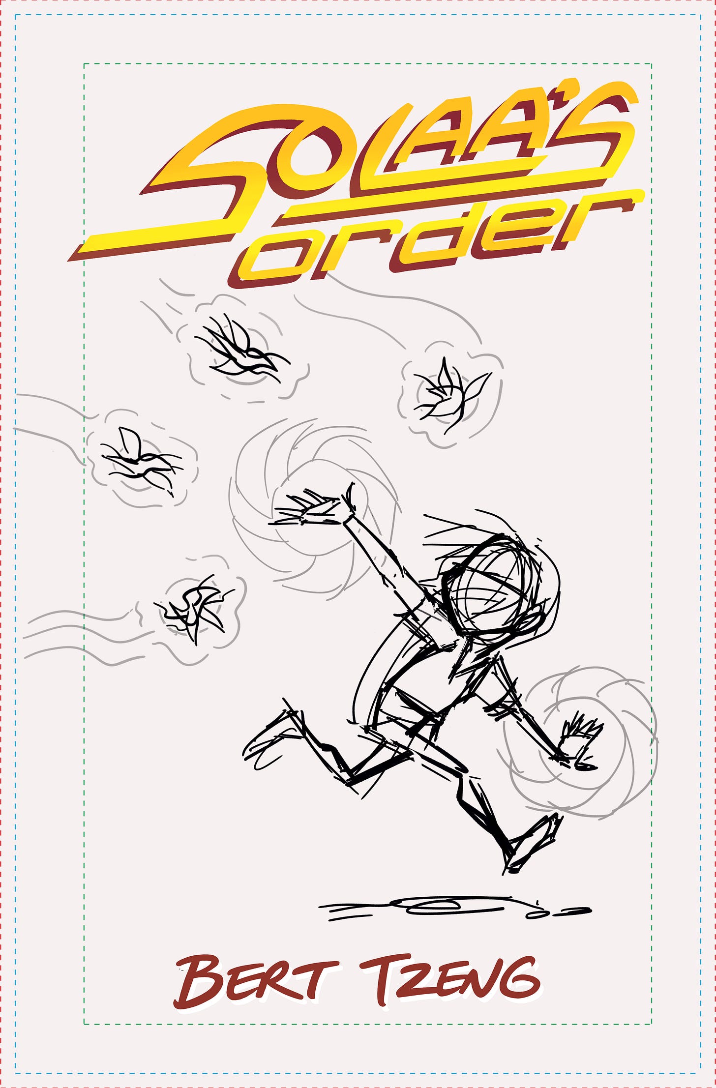 Rough sketch of a comic zine cover. The main character, a young space monk, plays tag with a group of butterfly-like creatures made of pure energy.