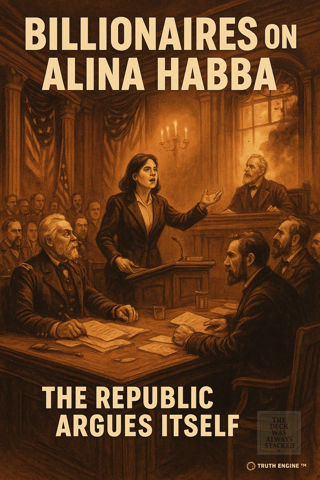 Imagine candlelight reflecting off shattered scales of justice; banners of red and blue draped over file boxes marked Evidence A through Z.