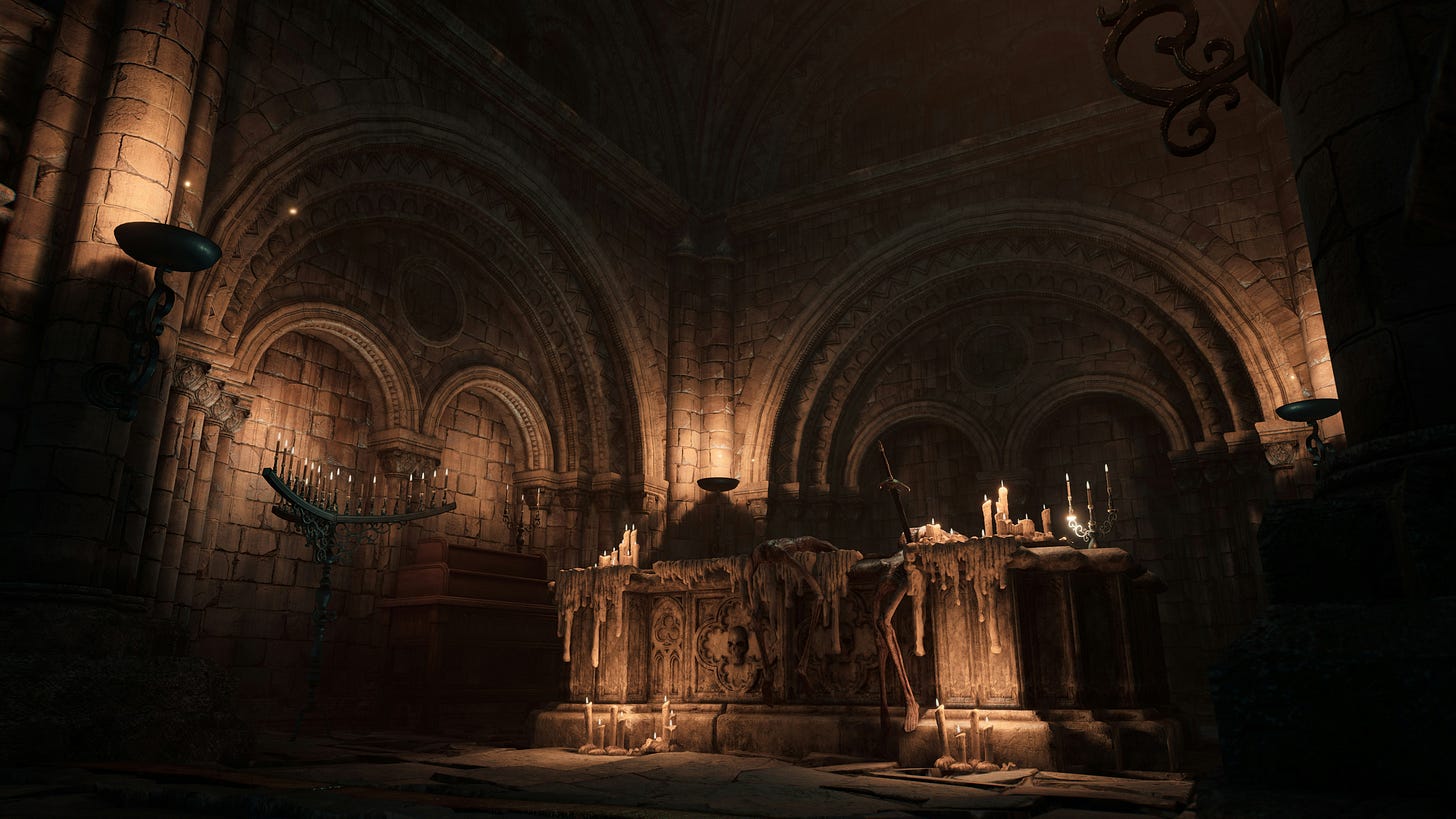 A darkened underground chapel lit by candles with wax dripping from an altar. A darkened underground chapel lit by candles with wax dripping from an altar.