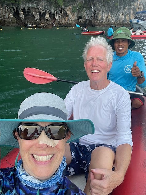 Map of Phang Nga Bay; tourists on tour boat; author and husband canoeing
