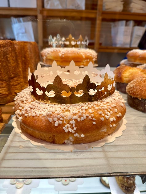 bakery windows filled with galette de rois.