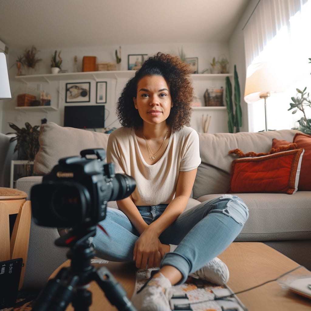 Photo of a young woman sitting in her living room with a camera in front of her. Generated by Midjourney.