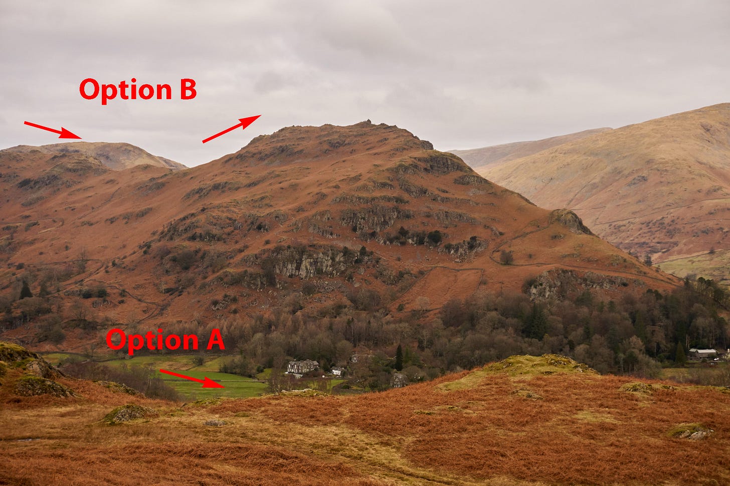 marked up photo of Helm Crag and Far Easedale