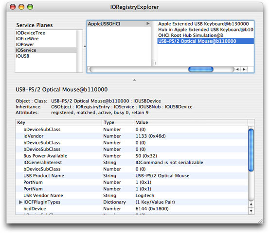 A sample I/O Registry Explorer window A sample I/O Registry Explorer window