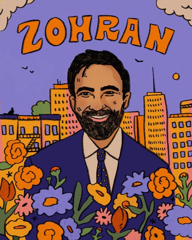 A bright, colorful illustration of a smiling man with a beard wearing a suit and tie, surrounded by large stylized flowers. Behind him is a cartoon-like cityscape beneath a purple sky. The name ‘ZOHRAN’ appears in bold orange letters at the top