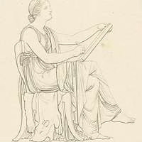 Drawing of Calliope, muse of epic poetry, seated with tablet and pen in hand. Public domain photograph related to music, performing arts.
