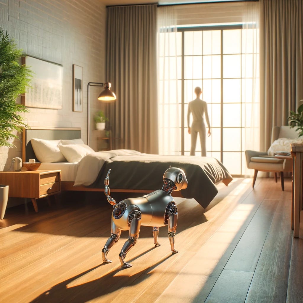 Imagine a scene in a cozy, modern bedroom. The bedroom is well-lit, with a large window showing a sunny day outside. There's a comfortable bed with a stylish duvet, a wooden nightstand with a lamp, and a few potted plants adding a touch of greenery. In this bedroom, a person is walking towards the window, and right behind them is a unique robot. This robot has a dog-like structure, designed to mimic the appearance and companionship of a real dog. The robot-dog is following its human companion loyally, its metallic surface gleaming softly in the sunlight filtering through the window. The robot-dog's design is sleek and futuristic, yet its movements and posture suggest a playful and devoted pet. The entire scene exudes a warmth and a peek into a future where technology blends seamlessly with daily life.