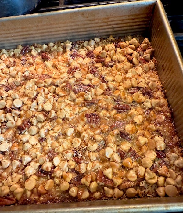 Hello Dolly Squares in pan ready to be cut