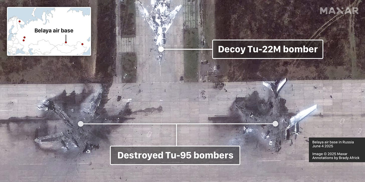 Belaya air base in Russia, June 4 2025. Image © 2025 Maxar. Annotations by Brady Africk