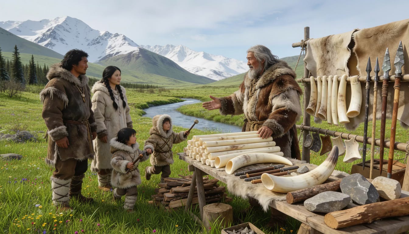 AI image of a Clovis era "goods" stall in a verdant Alaskan valley trading gear to a family of Clovis pioneers in furs AI image of a Clovis era "goods" stall in a verdant Alaskan valley trading gear to a family of Clovis pioneers in furs