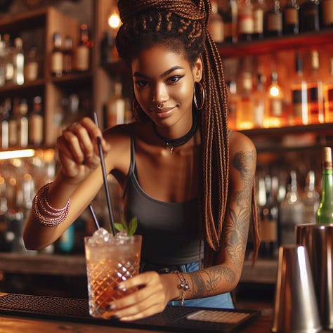 ”create me an image of a woman with braids making drinks behind bar shot by professional photographer”