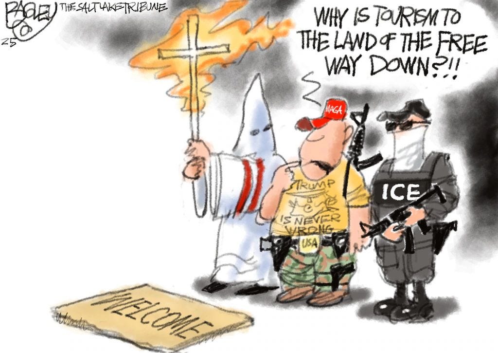 May be an image of text that says '25 THESAUTIARETRIBUNE ザ THE LANDOF TH FREE WHY IS TOREMTO WAY DOWN?!! MAGA TRUMP ICE ISNEVER WROC USA 2001E'