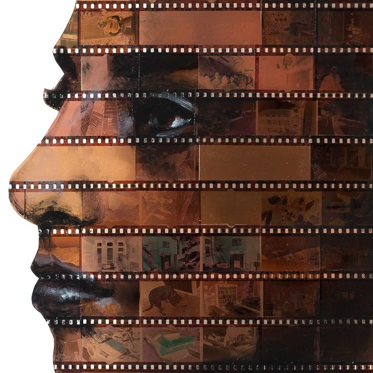 This may contain: a woman's face made up of film strips