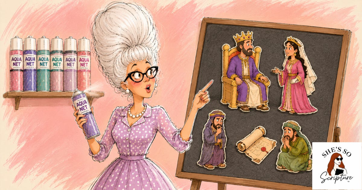 Whimsical illustration of Miss Patty, a Sunday school teacher with towering teased white hair, glasses, and a pearl necklace, holding a can of Aqua Net beside a felt board displaying cutout figures of a king on his throne, a queen, and two men, one deep in thought and one looking worried, with a sealed scroll between them Whimsical illustration of Miss Patty, a Sunday school teacher with towering teased white hair, glasses, and a pearl necklace, holding a can of Aqua Net beside a felt board displaying cutout figures of a king on his throne, a queen, and two men, one deep in thought and one looking worried, with a sealed scroll between them