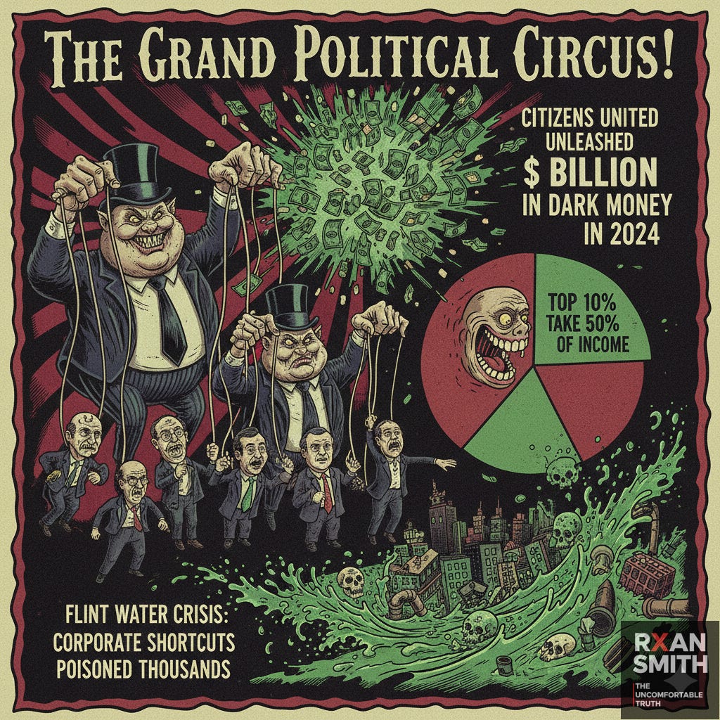 an infographic with a cartoonish yet horrifying scene of fat cat executives in suits pulling puppet strings on politicians, styled uncomfortably like a twisted circus poster. Highlight shocking stats: ‘Citizens United unleashed $1 billion in dark money in 2024’ as exploding cash bundles, ‘U.S. inequality: Top 10% take 50% of income’ as a pie chart where the rich slice devours the rest, and ‘Flint water crisis: Corporate shortcuts poisoned thousands’ with toxic green water flooding the base. Bold, sarcastic fonts to evoke unease and anger.
