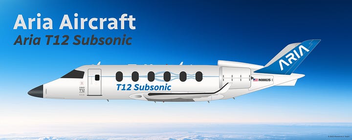 Aria T12 Subsonic airliner in house livery, shown in side view while in midflight and while parked on a tarmac.
