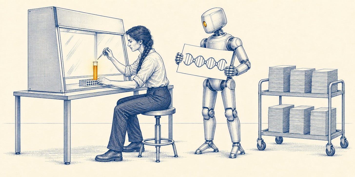 A sparse blue-ink engraving on warm cream: a woman with a thick braid sits at a glass-fronted lab cabinet, pipette poised over a single test tube glowing amber. Beside her, a polished metal robot with a single amber eye holds up a sheet showing a DNA double helix marked with evenly spaced diamonds, a cart stacked high with paper behind it.