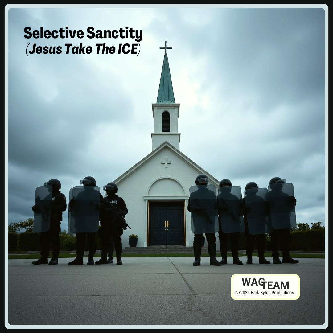 A line of riot police in tactical gear stand menacingly before a white church with a cross, because nothing says "religious freedom" quite like a tactical unit at the altar. A line of riot police in tactical gear stand menacingly before a white church with a cross, because nothing says "religious freedom" quite like a tactical unit at the altar.