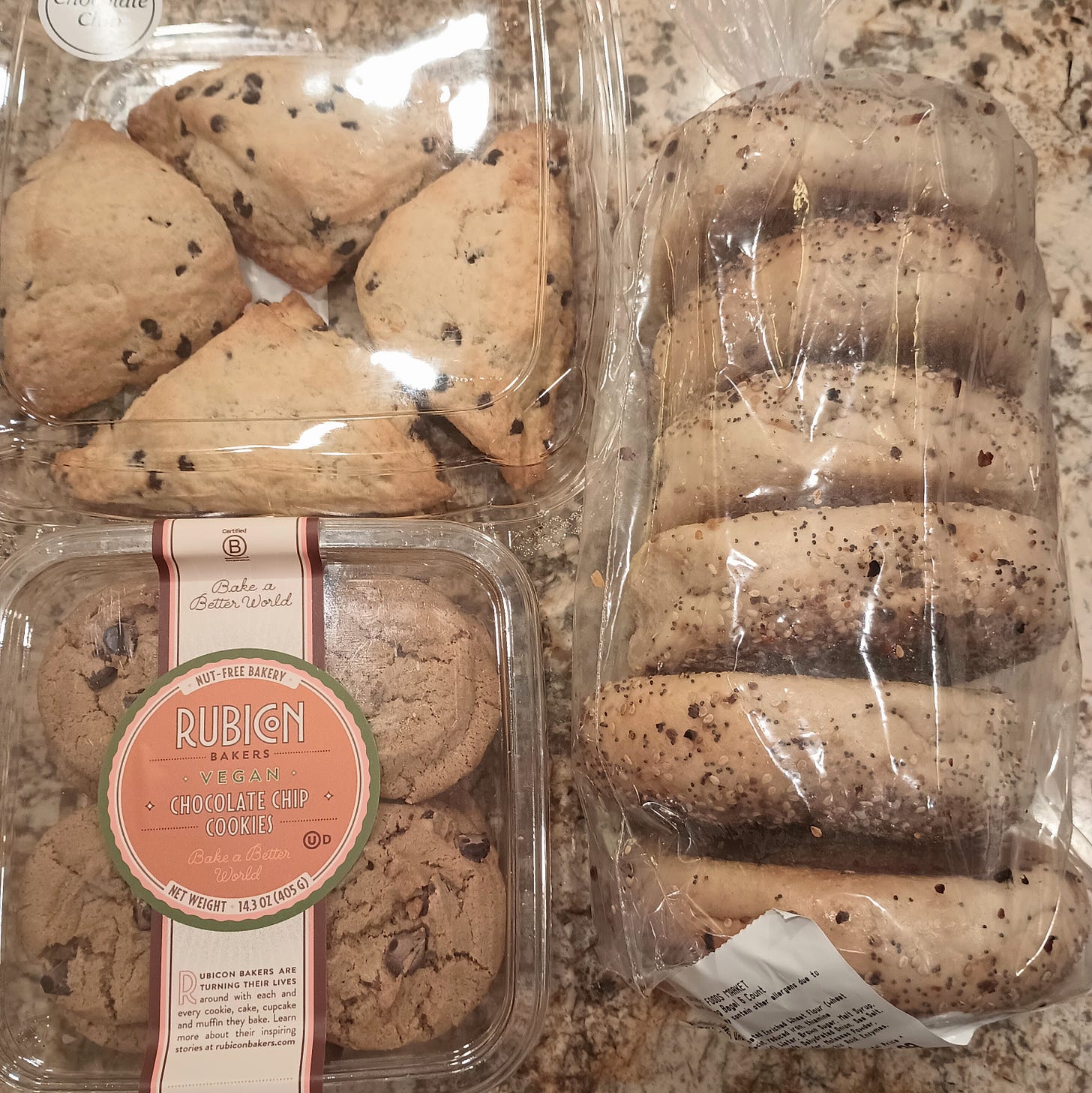 chocolate chip scones, chocolate chip cookies, and bag of bagels.