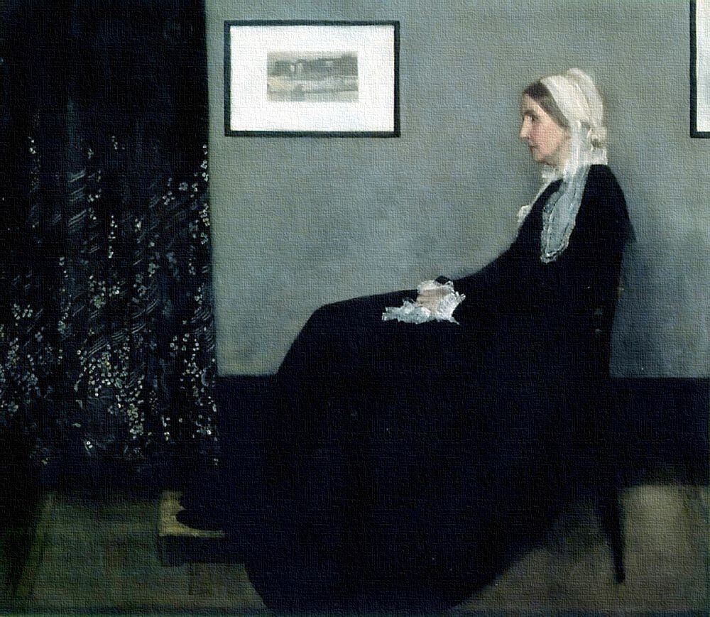An elderly woman in a black dress and white cap sits in strict profile against a grey wall An elderly woman in a black dress and white cap sits in strict profile against a grey wall
