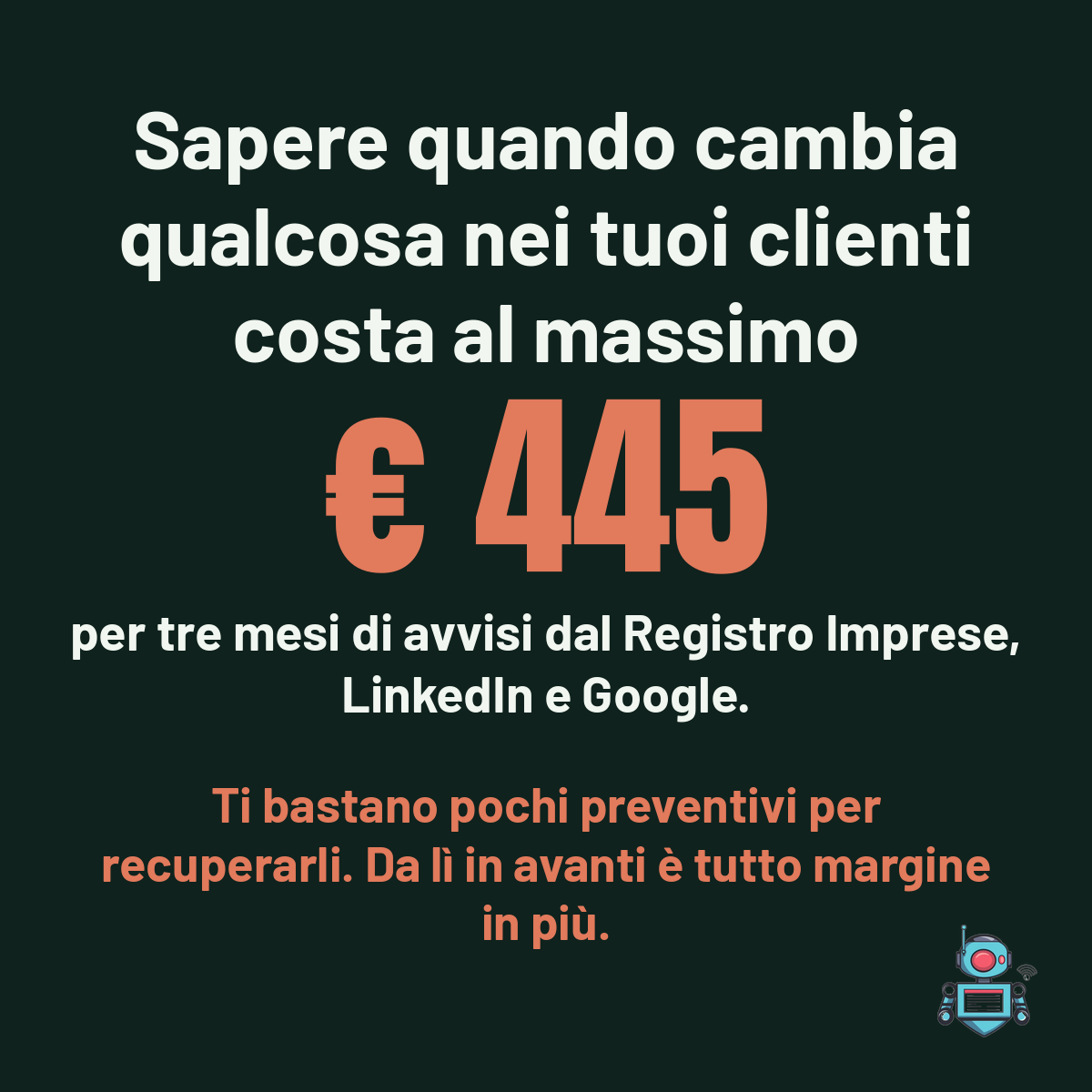 Numero grande € 445, il costo massimo di tre mesi di avvisi,. Ti bastano pochi preventivi per recuperarli. Da lì in avanti è tutto margine in più.