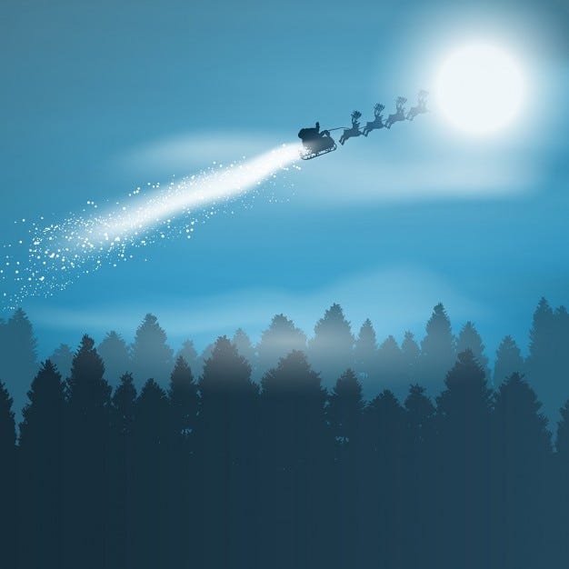 christmas background with santa flying through the sky