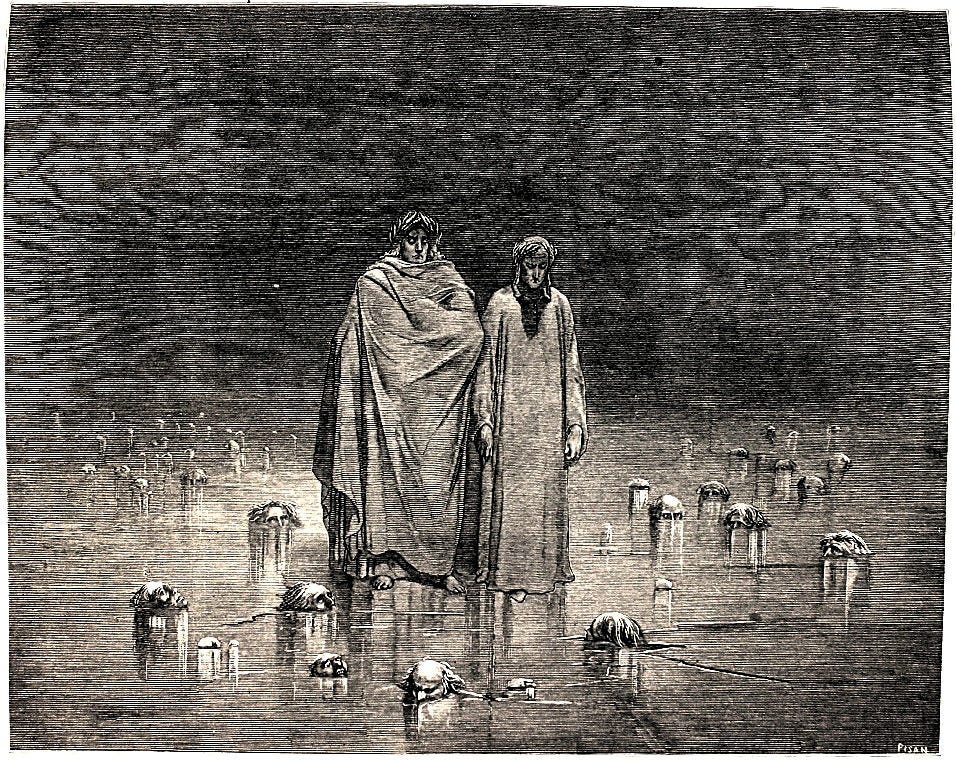 Gustave Doré, Dante and Virgil walking upon the waters of the Styx, illustration for Dante's Inferno.