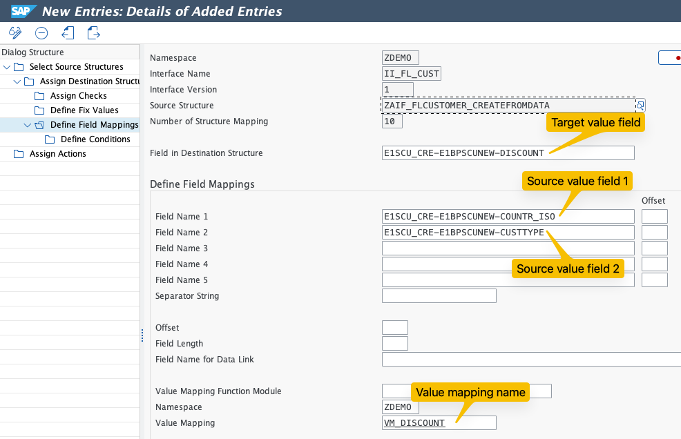 SAP AIF value mapping definition screen with Number of External Values set to 2 and Value Mapping Type set to Multiple