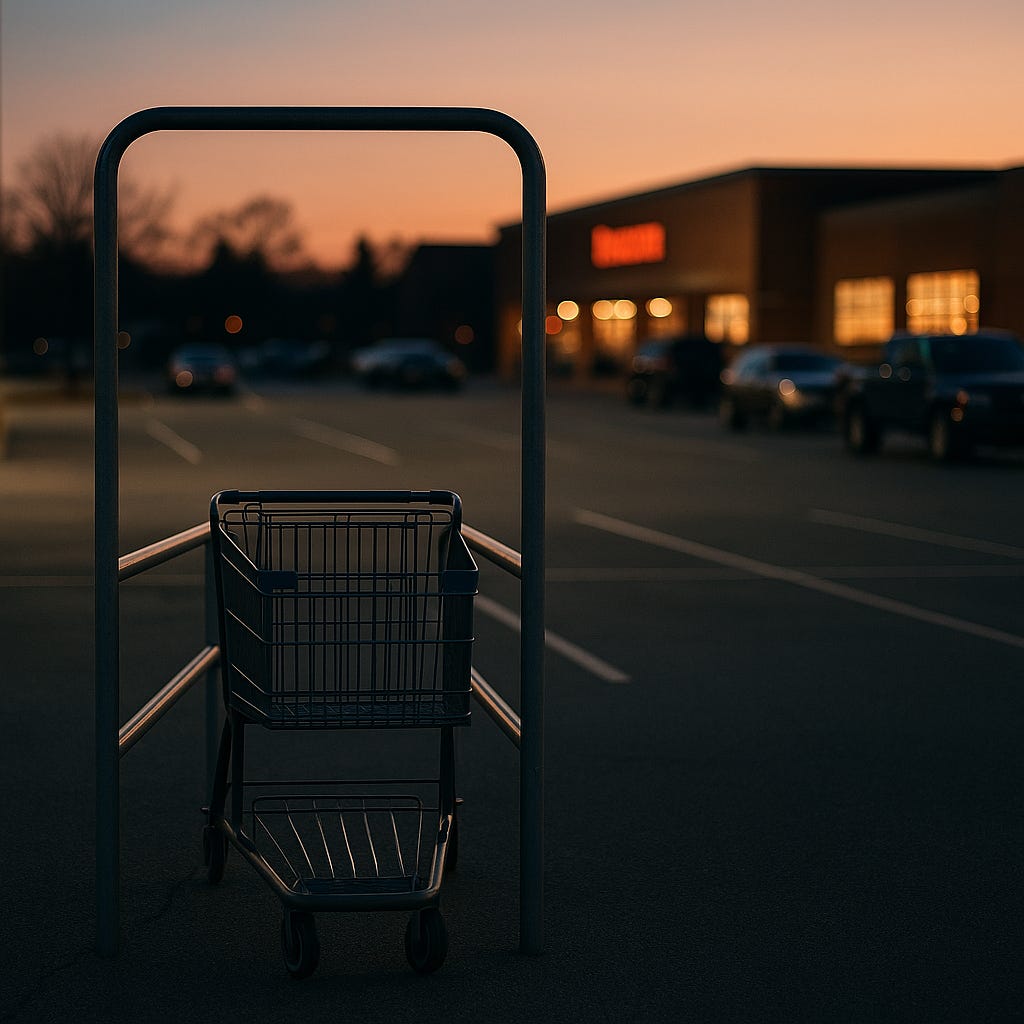 A grocery store parking lot at dusk with a lone shopping cart in a metal corral, cars blurred in the distance, creating a quiet but uneasy mood.